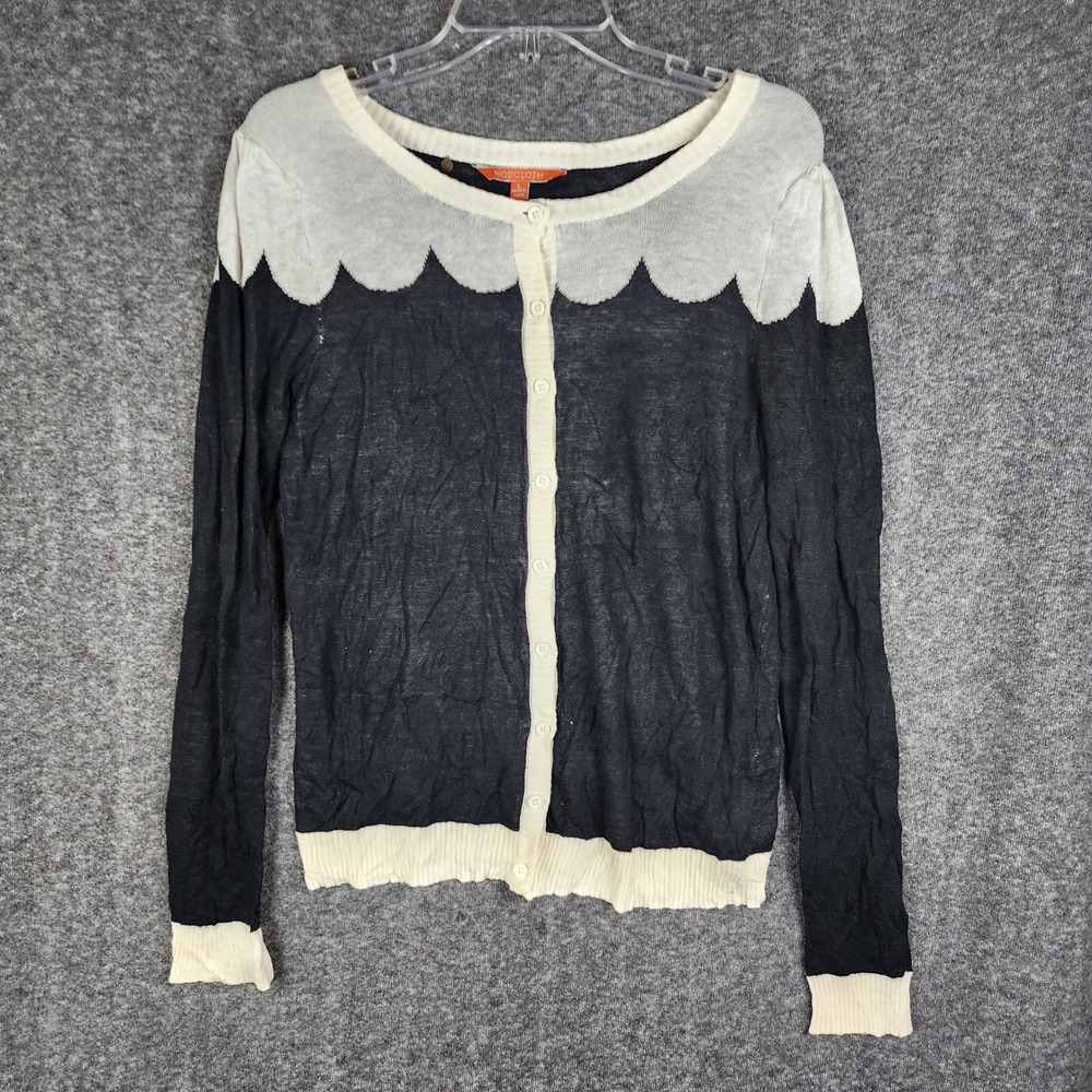 ModCloth Cardigan Sweater Womens‎ Large Gray Cream Scalloped Colorblock Knit